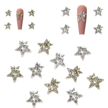 10шт 3D сплав Звезда Блестящ кристал Окачване за нокти Златни / сребърни Метални детайли във формата на звездички Луксозни скъпоценни камъни за дизайн на ноктите Бижута