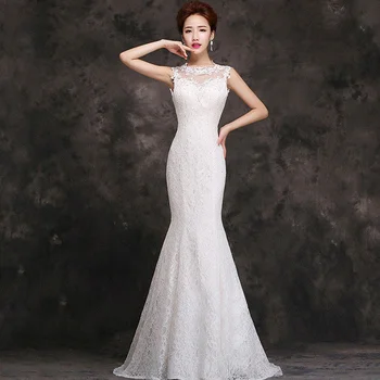 2021 Дантелено сватбена рокля, бяла рибя опашка на булката, задна светлина в рамото, банкетна вечер 