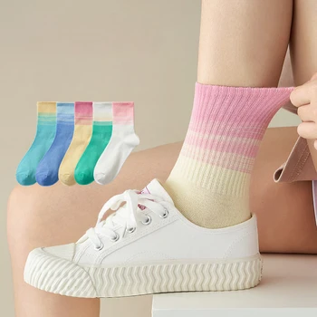 5 чифта Нови Чорапи Наклон Цветове За Мъже И Жени, Меки Памучни Цветни Чорапи със Средна Дължина Harajuku JK, Корейски Дълги Чорапи Sokken