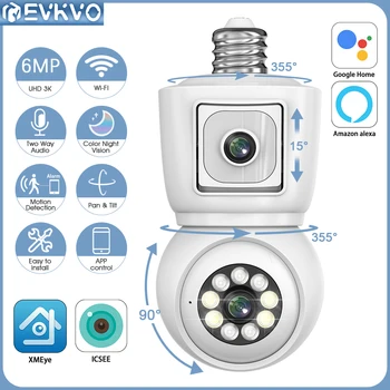 EVKVO 6-Мегапикселова Двухобъективная Лампа E27 WiFi PTZ Камера С Двойна Екран AI Проследяване На Човек В стая 4-Мегапикселова IP Камера Видеонаблюдение ICSEE PRO