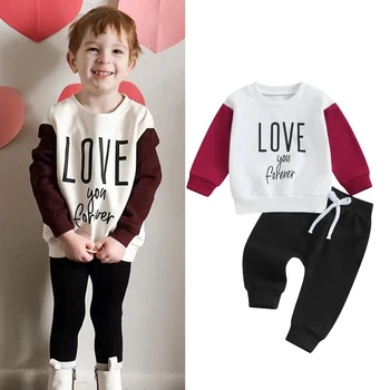 FOCUSNORM, Комплект дрехи за най-малките момчета от 0 до 3 години, 2 бр., пуловер контрастен цвят с писмото принтом, hoody, топ, панталон на съвсем малък,