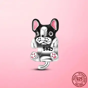 S925 Сребърни Висулки с френски БУЛДОГ, Мъниста под формата на Кученце, подходящи за жени, гривни с висулки на Pandora, Бижута със собствените си ръце