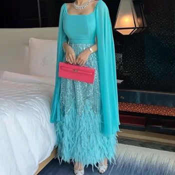 Вечерни рокли с ръкави-накидками от мъниста и пера, А-силует Wasisi, арабско рокля с дължина до щиколоток за парти FLA72158