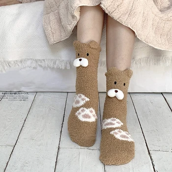 Дамски Зимни Топли Пухкави Чорапи Home Floor Sleep Kawaii 3D Мечка Сладък Животни Дебел, мек вълнен плат Кожен Чорап Японската Мода Корейски Стил