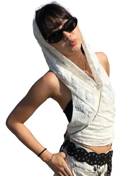 Дантелен топ, дамски дрехи Y2k, отворена риза без ръкави, с отворена на гърба, жилетка с качулка, градинска облекло 2000-те, сексуална солнцезащитная риза с появата на облегалката