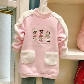 Дългата hoody розово за момичета, детски дрехи, джобове с принтом Мечка, Свободни ежедневни блузи, зимни дрехи, подходящи за семейства комплекти