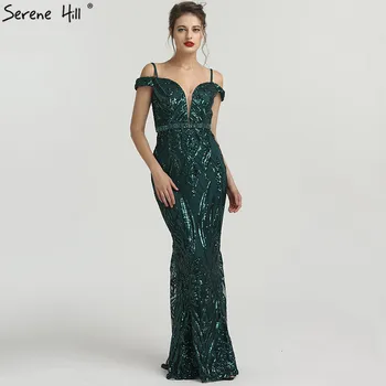 Зелени секси вечерни рокли на русалка с деколте лодка 2023, Елегантен модерен вечерна рокля с пайети и диаманти, представи снимка LA6582
