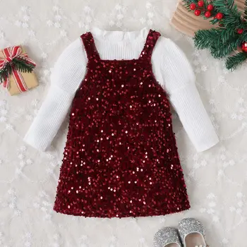 Коледен комплект зимни дрехи за малките момичета 1-5 години, вязаный топ с дълъг ръкав, тениска, Рокля с пайети, Комплекти, дрехи от 2 теми