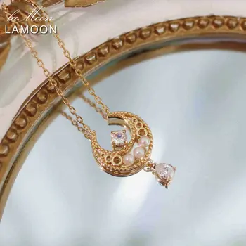 Колие LAMOON Moon Принцеса с окачване от естествен лунен камък за жените, сладководни перли, верига от 925 сребро, злато, бижута Platd