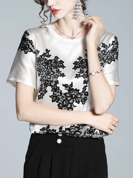 Коприна женска тениска с къс ръкав 2021 г., нов висококачествен сатен, френски топ, висококачествени копринени малка риза с голям брендовым принтом