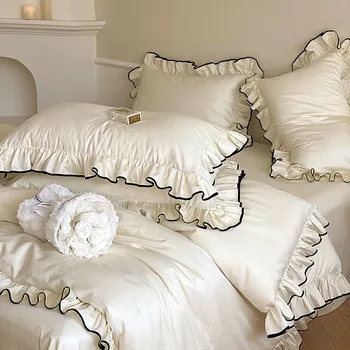 Луксозен комплект спално бельо от египетски памук 1000TC, комплект пододеяльников с бели волани, комплект спално бельо King Size
