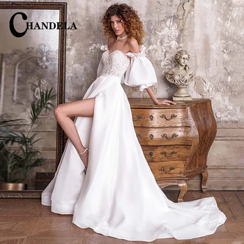 Луксозен сатен CHANDELA С пищни ръкави във формата на сърце, шнур, прерязано от двете страни, кружевными апликации, Сватбени рокли По поръчка Robe De MariA © e