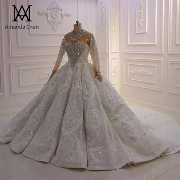 Луксозна сватбена рокля с високо воротом и дълги ръкави в кралския стил от Близкия Изток, украшенное кристали