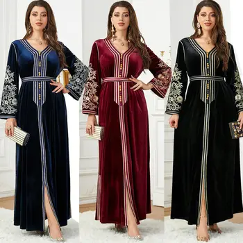 Мароко бархатное рокля Турция кафтан халат Етническа рокля Рамадан Абая Дамски есенно-зимно топло облекло