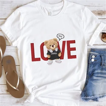 Модна тениска с къс ръкав и принтом Мечка, модерен летен топ с етикет Sweet Love, основна Дамска бяла тениска с изображение