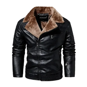 Модни топло зимно мъжко кожено яке с кожа яка, мотоциклетное палто от плътна отвътре, ежедневни якета-локомотиви от изкуствена кожа