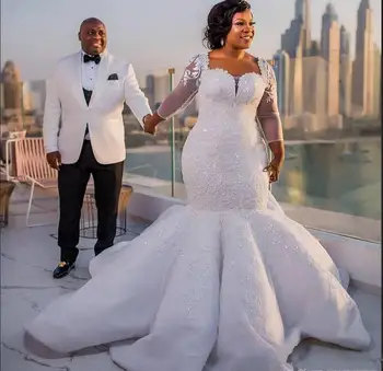 По-големи размери, Африканска нигерийская плажната Русалка, Катедралата влак, Бродирани с мъниста рокли с дълги ръкави за младоженци 2024