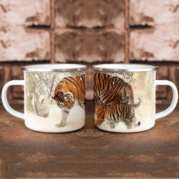 През зимата майка тигър и малките Эмалированная туризъм чаша 12 грама на Чаша домашна чай, подарък чаша за деня на майката
