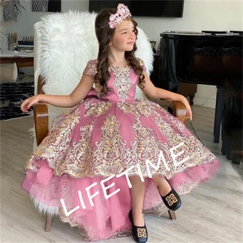 Принцеса рокля на цветчета за момичетата с Ръкави-капачки със Златен Аппликацией, Рокли за Партита в чест на рождения ден за момичета, Празнични рокли, Размер от 1 до 14 години