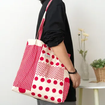Реколта чанта за момичета в червено грах, Еко-чанта за пазаруване, Дамски ежедневни чанти-тоут голям капацитет, преносими дамски пътни чанти