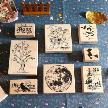 Тайванската кленовая печат Micia в ретро стил, вещицата на Хелоуин, на Малката вещица, Гарван, Лунна Прилеп, дървени печати ръчно изработени, марка kawaii