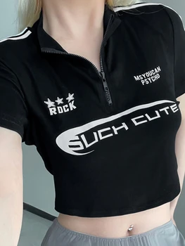 Тениска с писмото принтом в мотоциклетном стил, открит пъпа, тениска с къс ръкав, женски спортни топ Hot Girl, монтиране топ с цип за отслабване