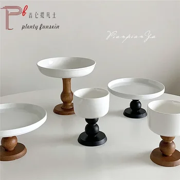 Френски дървени керамична чиния в стил Ins с високи крака, чаша за вино, купа за десерт, тава за дим-самов, дневна чиния