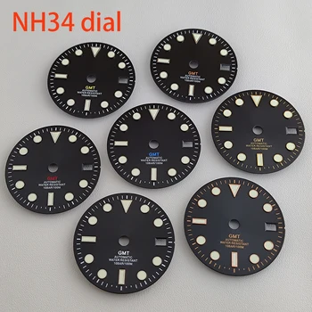 Циферблат NH34 29 мм по гринуич (Gmt), четири стрелки, зелен светлинен циферблат механизъм за NH34, Променени скали, Резервни части за часовници