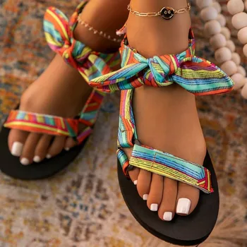 Дамски летни сандали, римски сандали с бантиком, обикновена сандали с отворени пръсти, дамски плажни обувки на плоска подметка, без закопчалка за сватба, по-големи размери