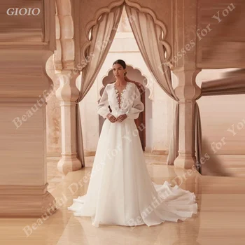 Сватбени Рокли GIOIO bridal, Бял Фин контур, Дълбоко V-образно деколте, Дълги ръкави-мехурчета, За официални събития, Нови, Индивидуални размери